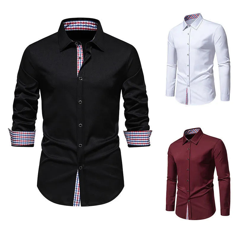 Men's loose fit plaid stitching casual long-sleeved shirt in chemical fibre blend fabric
