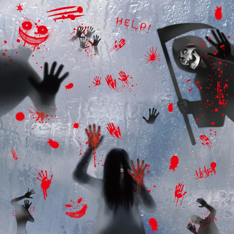 Halloween electrostatic sticker set with female ghost and skull motifs on window