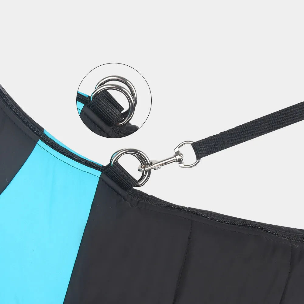 Waterproof padded dog jacket with front zipper, shown in multiple colours and sizes for small to large breeds.