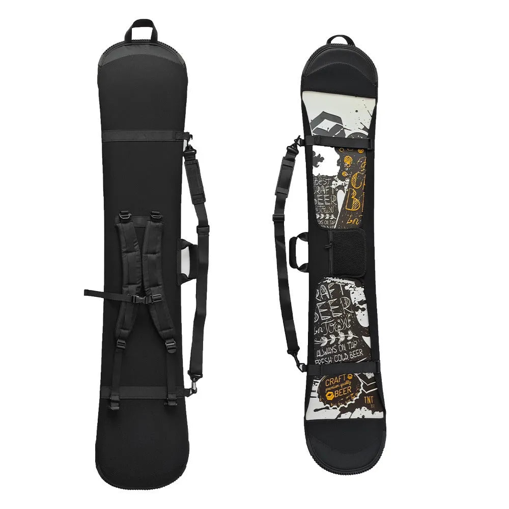 Black 138cm ski board bag with double shoulder straps and velcro veneer fastening for carrying a ski board.