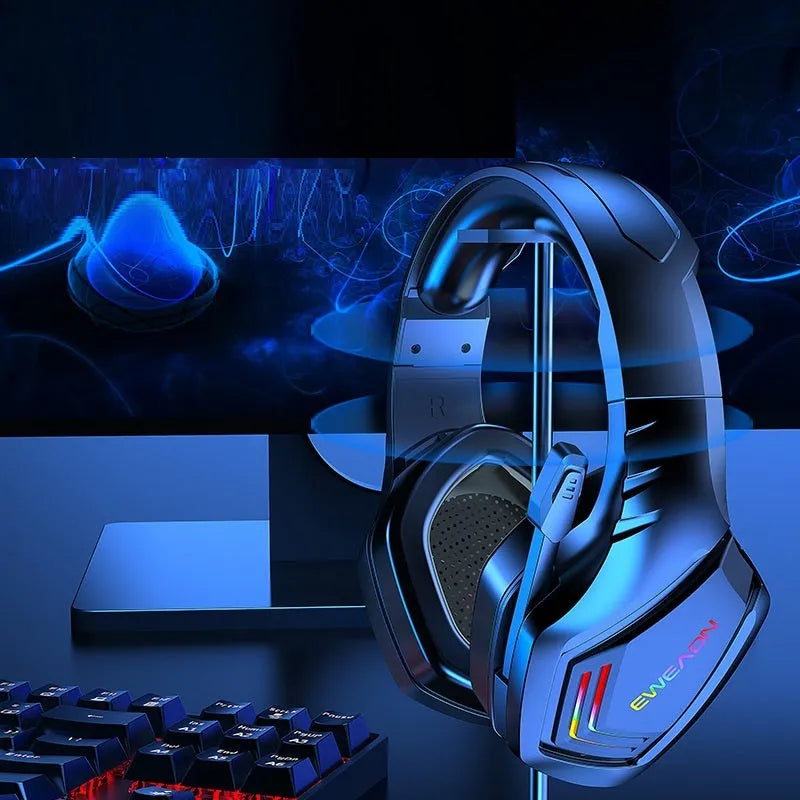 Black over-ear wireless Bluetooth headset with RGB LED lights and noise cancellation.