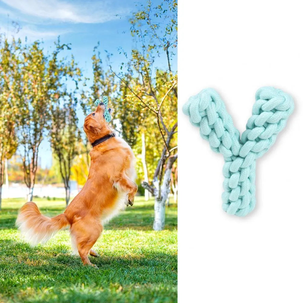Y-shaped cotton rope dog toy for large breeds in blue, green or yellow colour options