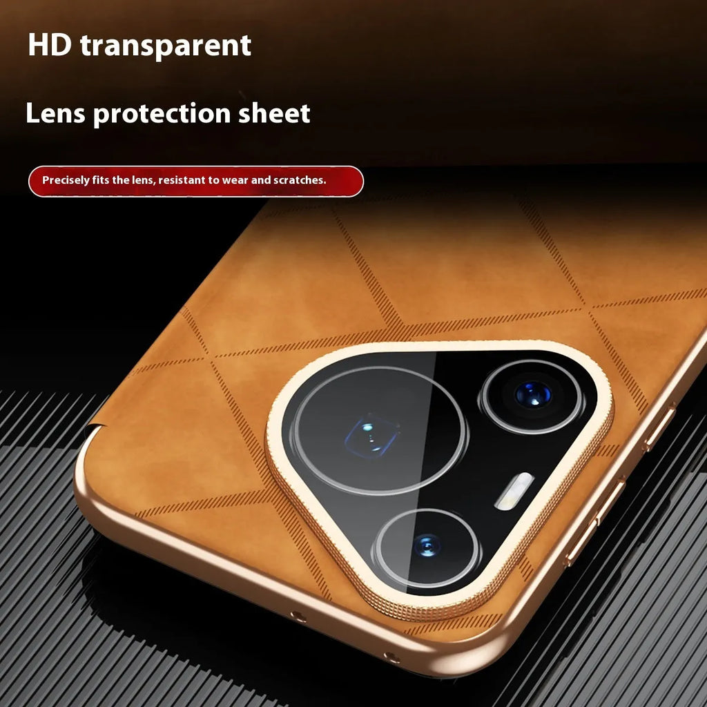 Huawei phone case with electroplated diamond grid pattern on embossed imitation leather.