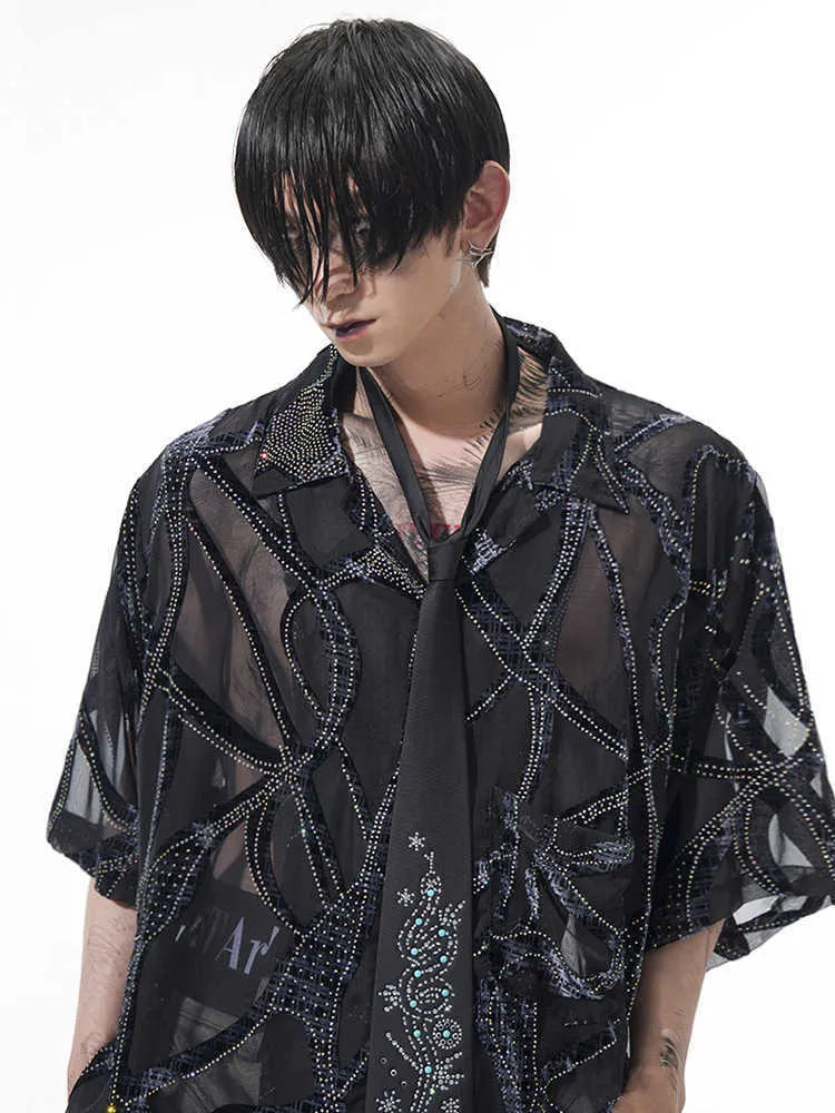Men's black and grey snake pattern translucent short-sleeved shirt with lapel collar