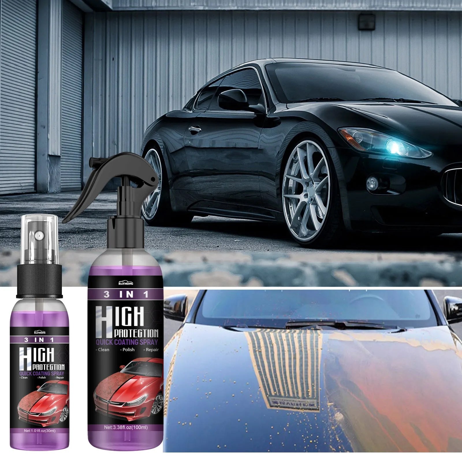 3-in-1 high protection car paint spray coating agent in 30ml and 100ml PE bottles with clear spray nozzle