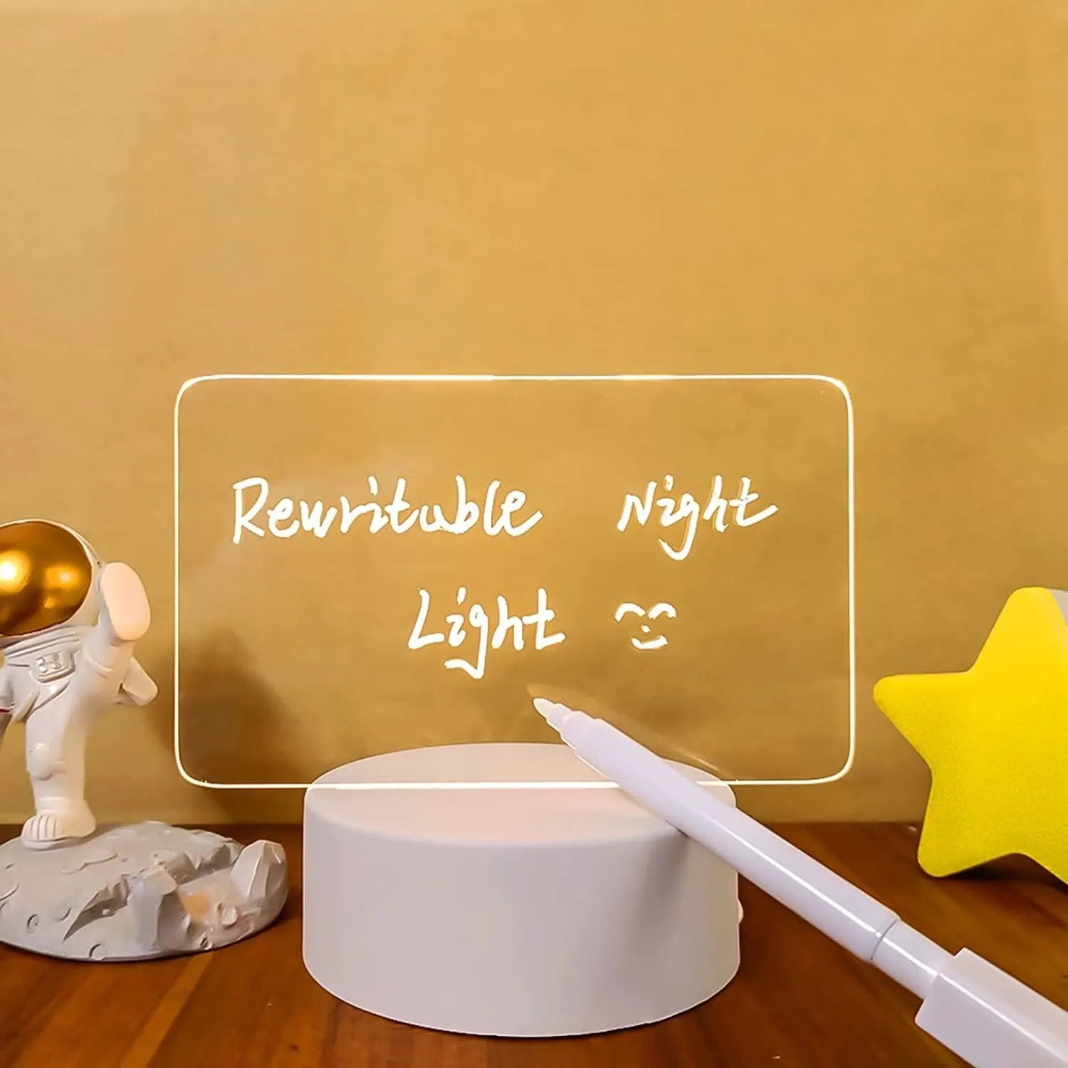USB-powered message board night lamp showing four acrylic frame sizes on stable ABS base