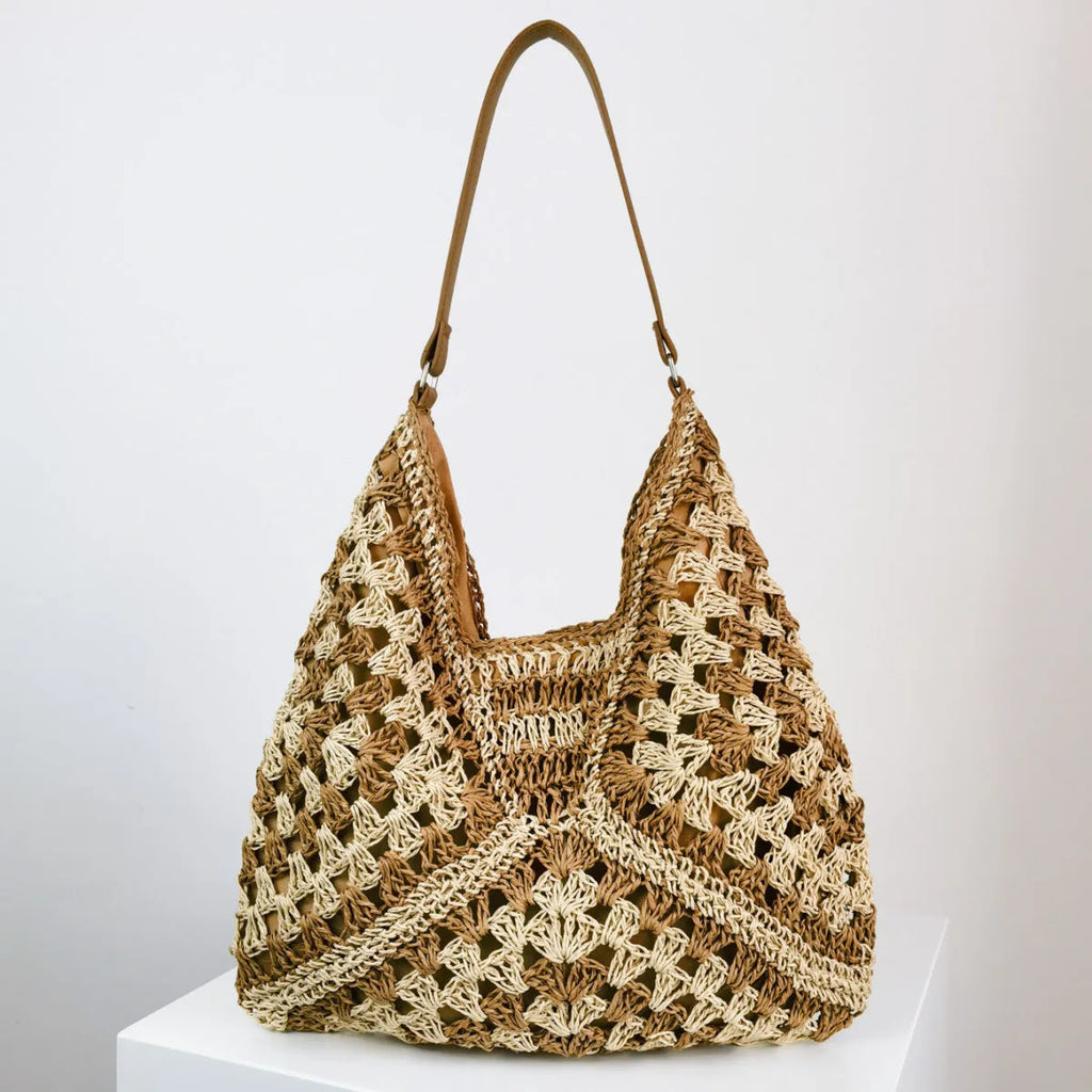 Handmade paper straw woven shoulder bag with hollow contrast colour weave and polyester lining in khaki beige or black khaki.