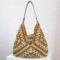 Handmade paper straw woven shoulder bag with hollow contrast colour weave and polyester lining in khaki beige or black khaki.
