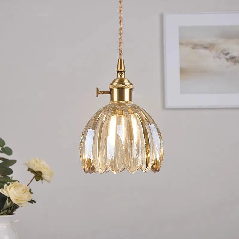Nordic style vintage glass flower chandelier for bedroom bedside lighting in amber colour