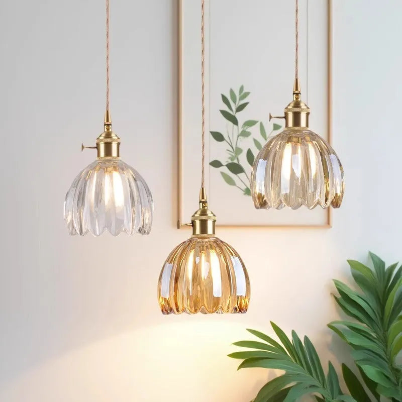 Nordic style vintage glass flower chandelier for bedroom bedside lighting in amber colour