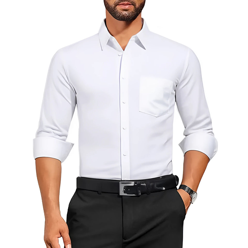 Men's long sleeve polyester shirt in solid colours, sizes S to 3XL, stretch wrinkle-resistant thin fabric