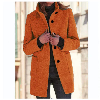 Fashionable wool coat with stand collar, pockets, and a variety of color options for casual fall and winter wear