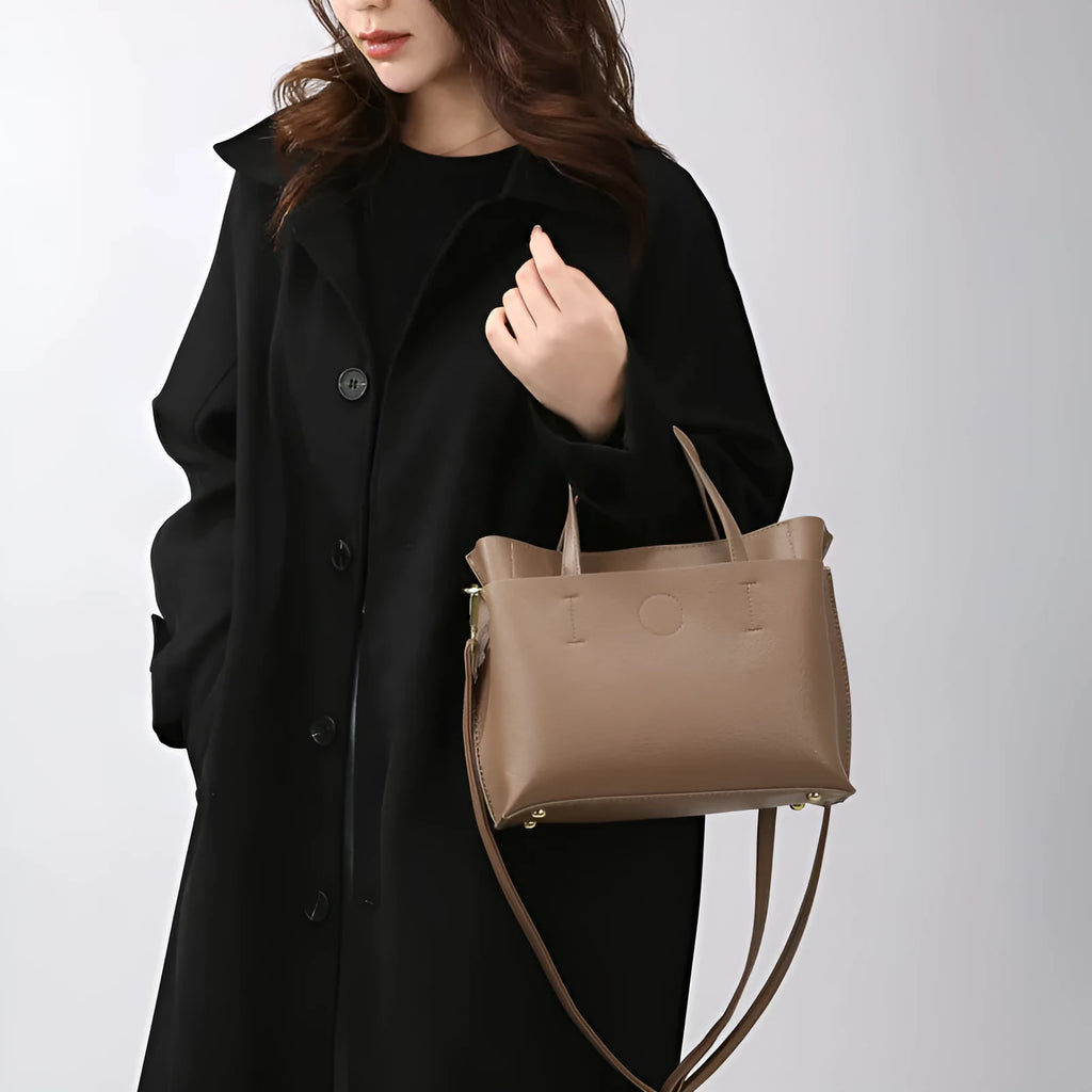 Large capacity multi-compartment soft surface PU tote bag in khaki with sewing thread details and single shoulder strap