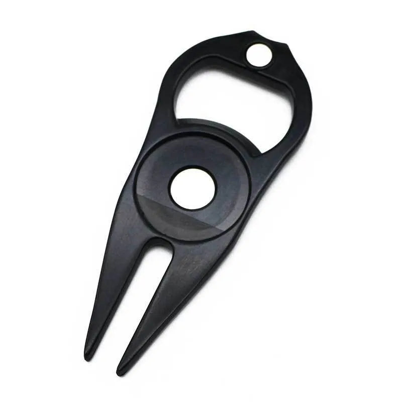Zinc alloy golf putting tool with ball yoke, turf fork and bottle opener in black green silver options