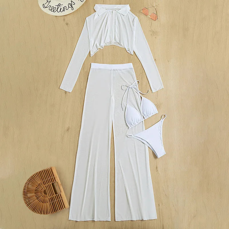 White women's swimsuit four-piece set showing backless top and high-waisted trousers