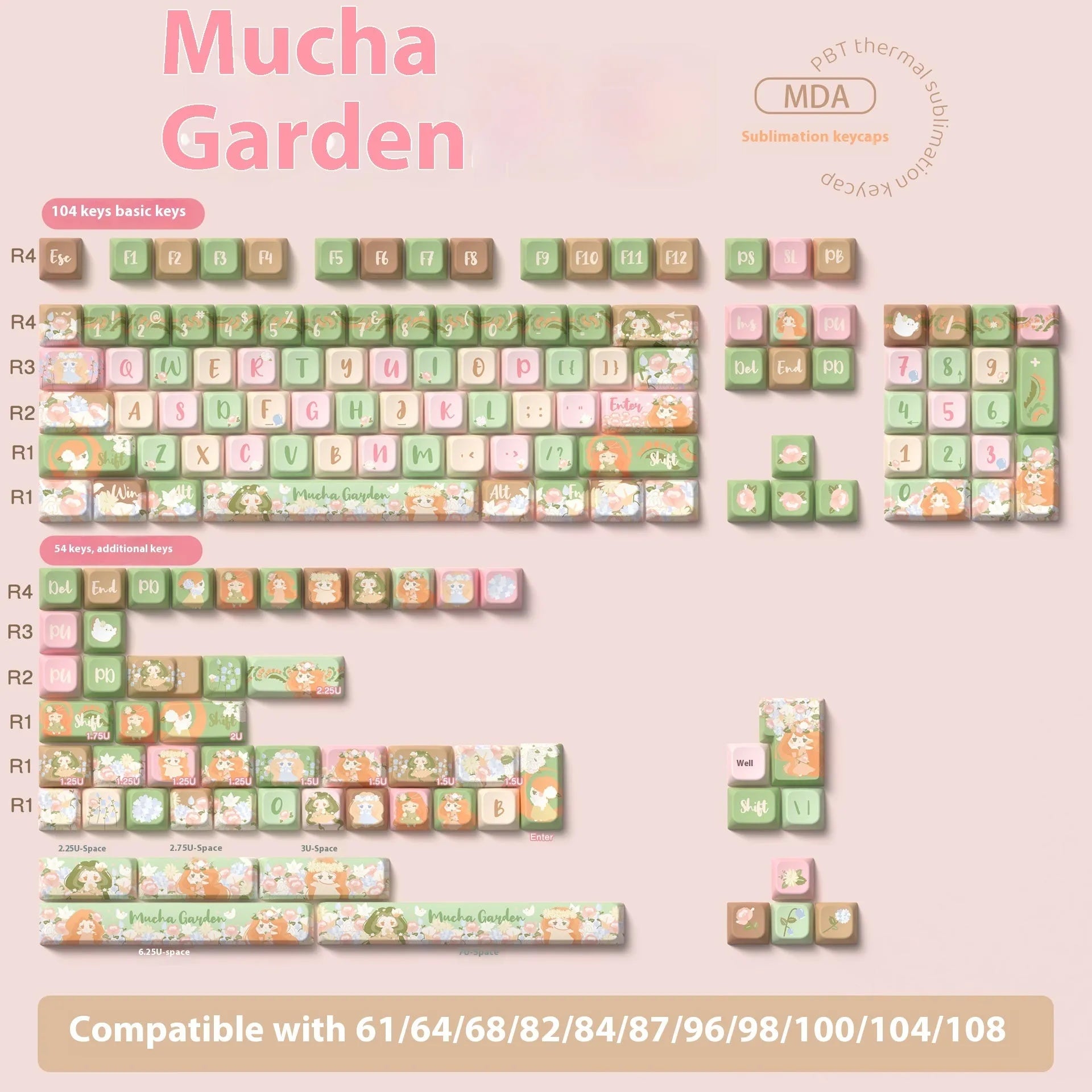 Mu Xia Garden Summer Garden design custom keycap set for mechanical keyboards, showing full 158-key layout.