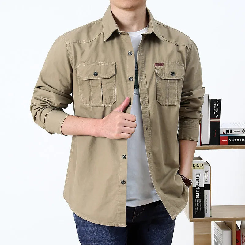 Cotton men's loose fit military style long sleeve shirt in khaki, front view, available in sizes M to 6XL