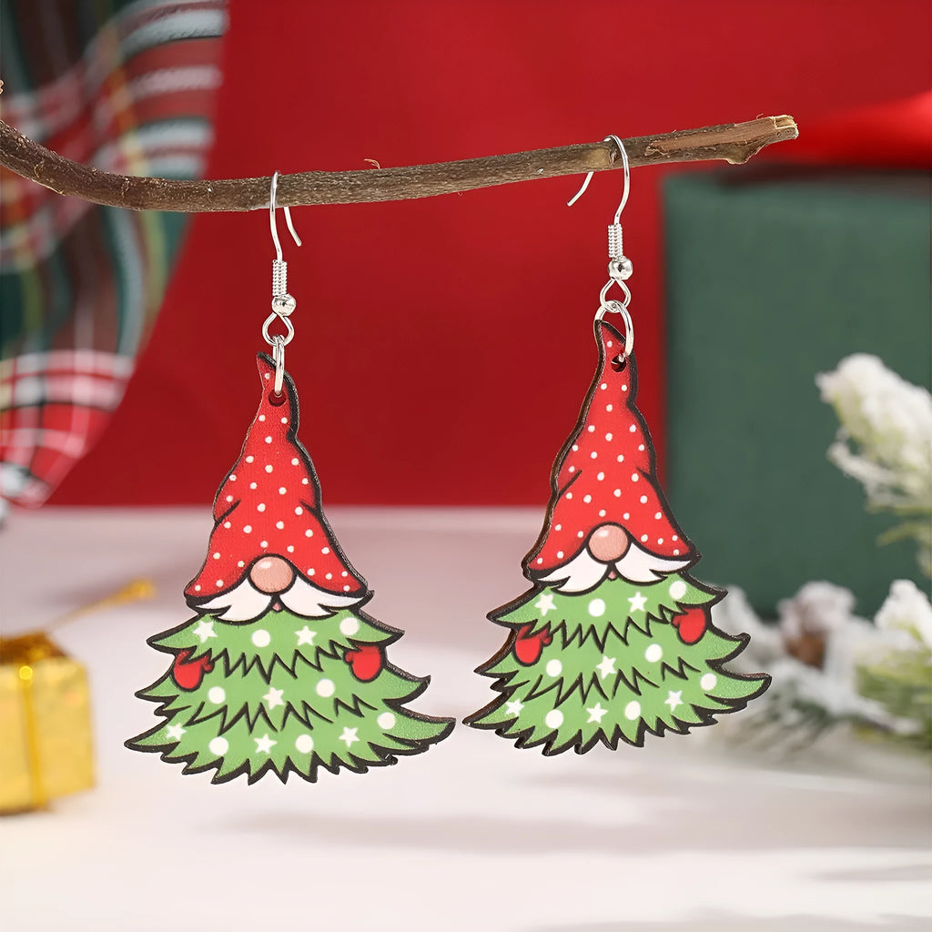 Wooden Christmas earrings showing Christmas tree and water drop snowman designs with geometric shapes