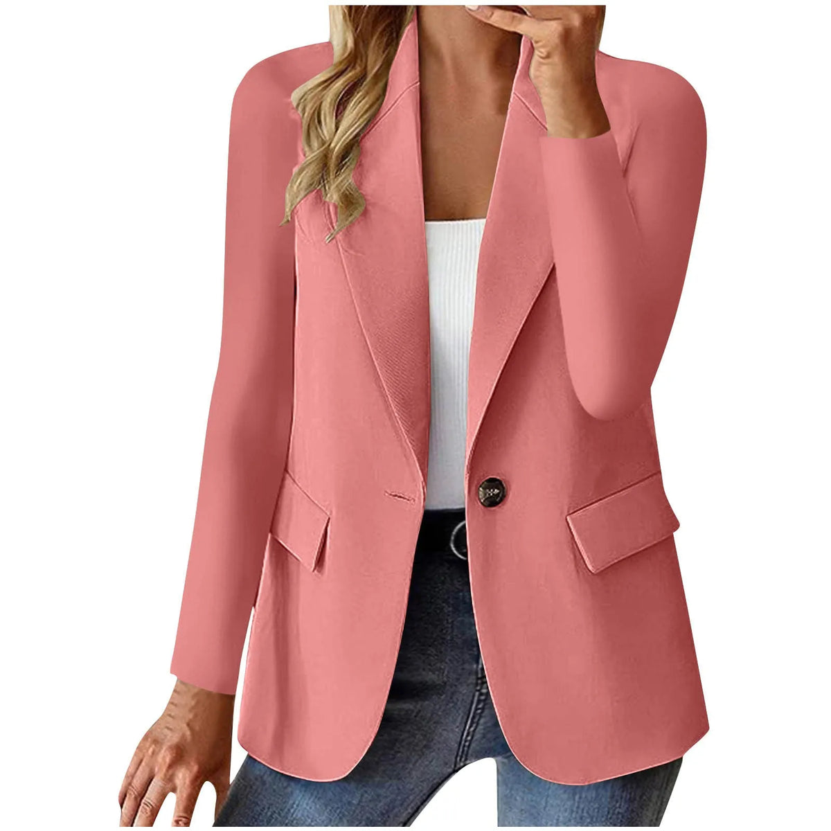 Women's long sleeve solid colour cardigan suit jacket with pocket, slim fit, shown in multiple colours