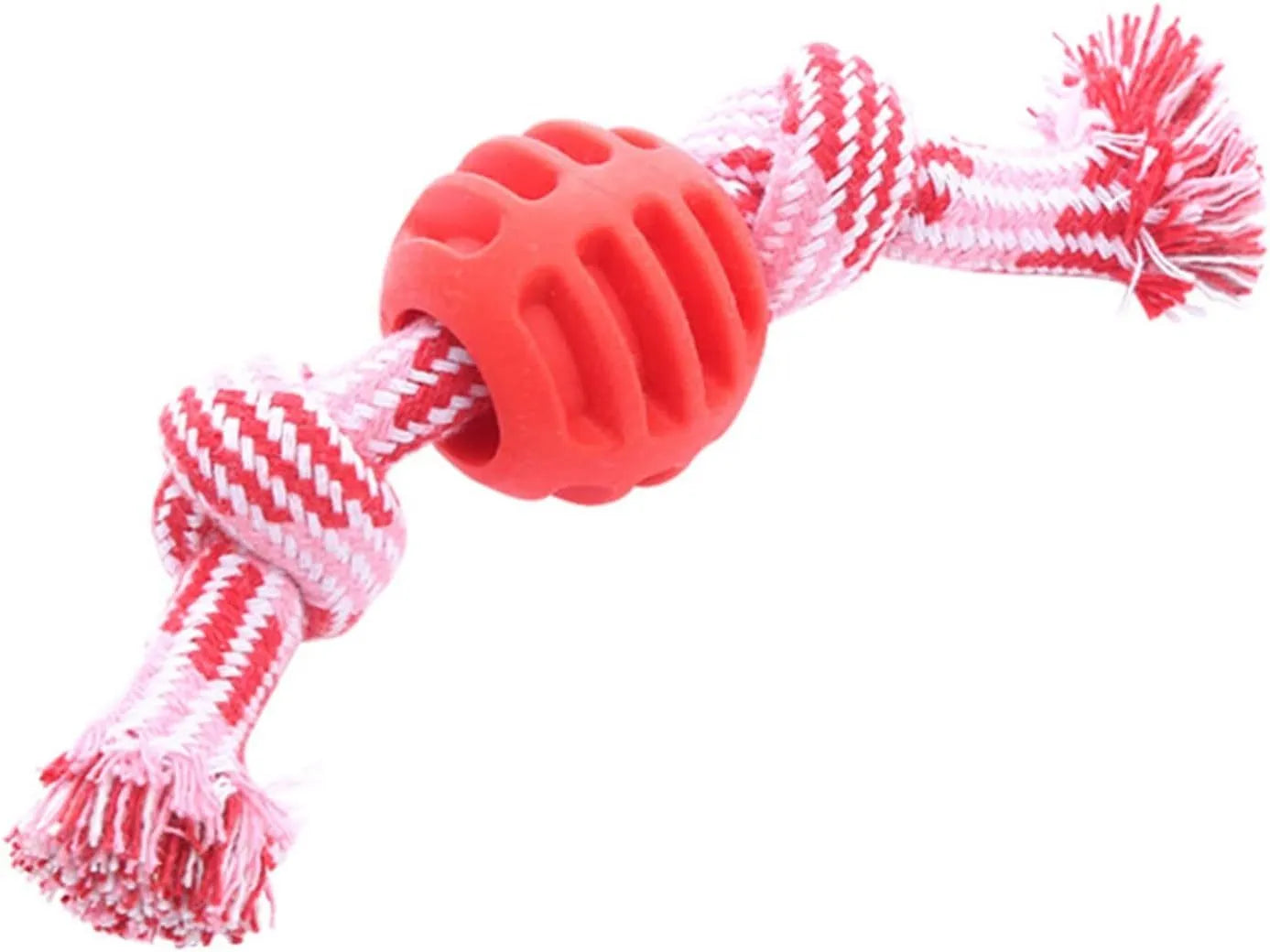 Blue dog chew toy with rope strands and molar cleaning textured surfaces