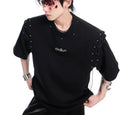 Black short-sleeve T-shirt with white lace-up cutout detail on the side