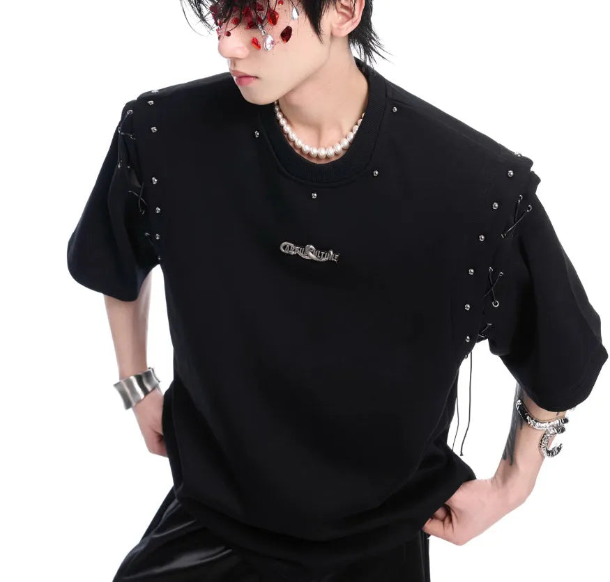 Black short-sleeve T-shirt with white lace-up cutout detail on the side