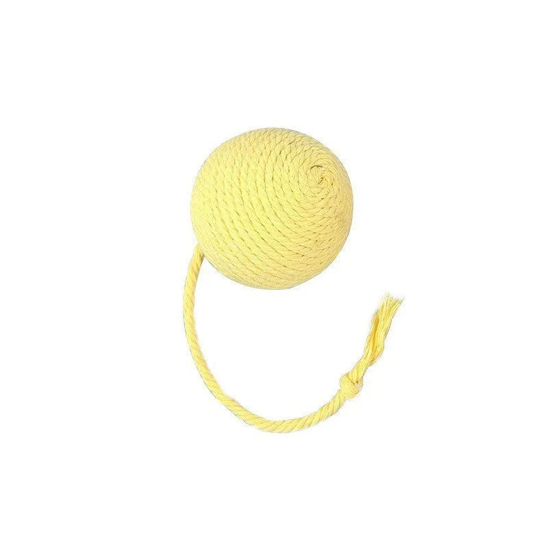 Colourful cat toy ball with attached rope and internal bell for kitten play