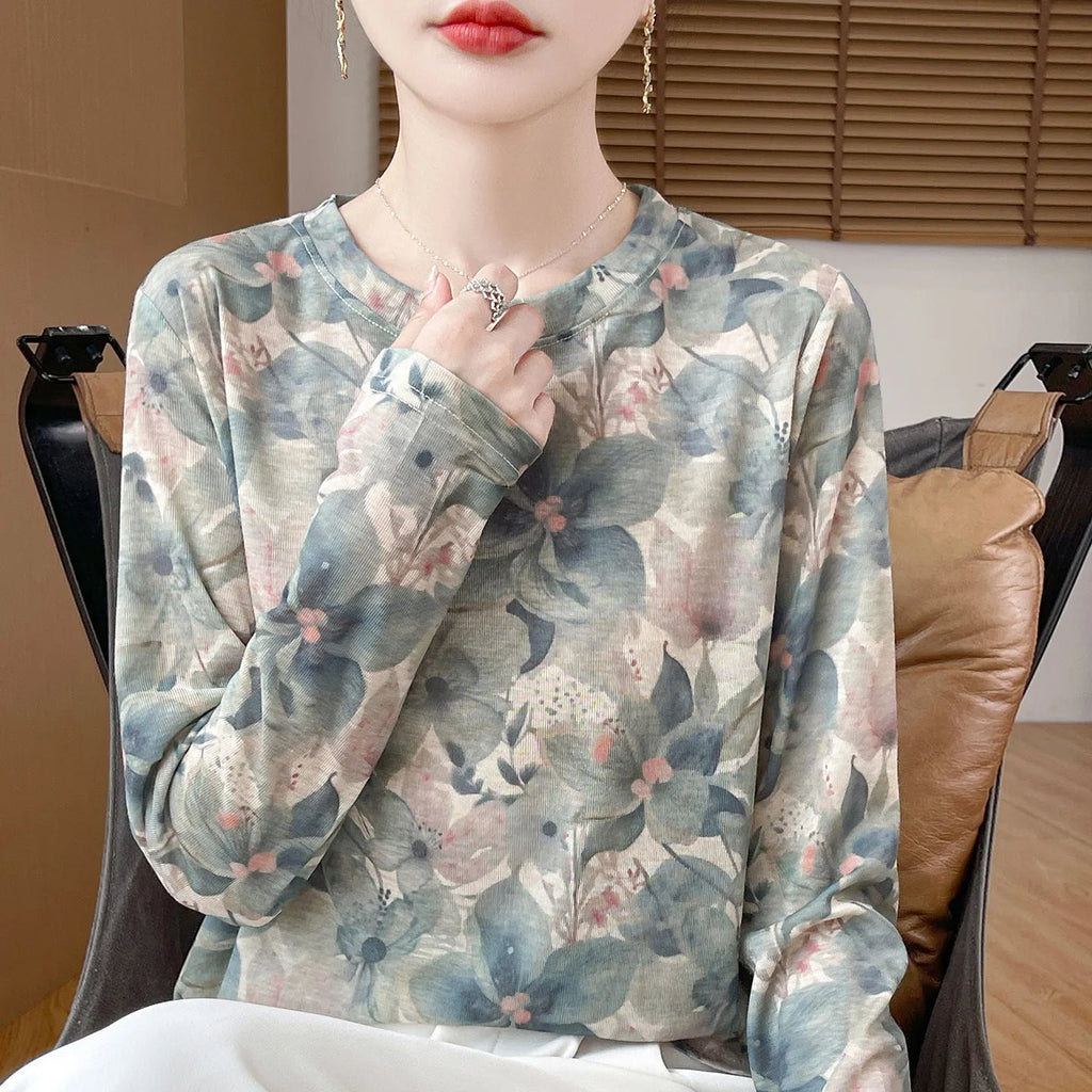 Women's round neck Tencel cotton pullover with floral printed design in various colour options