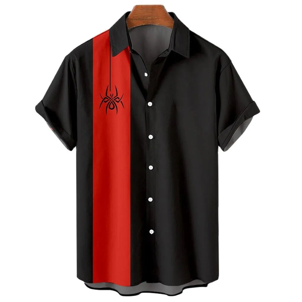 Men's striped Hawaiian casual short sleeve shirt in polyester fabric on a hanger
