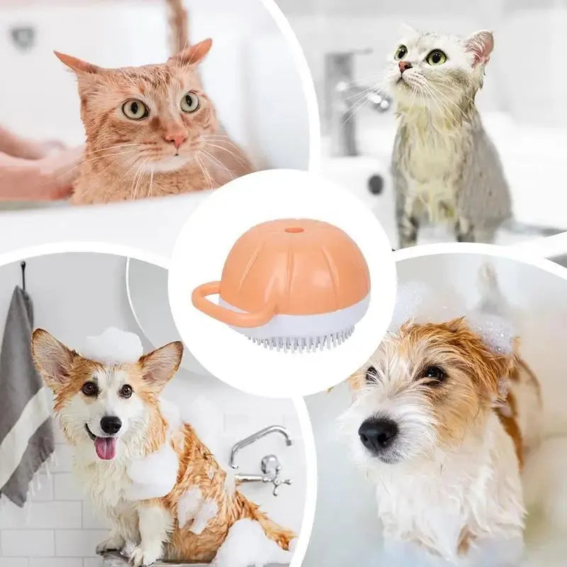 Orange dog bath brush with shampoo dispenser and soft TPR bristles on a curved pumpkin-shaped handle.