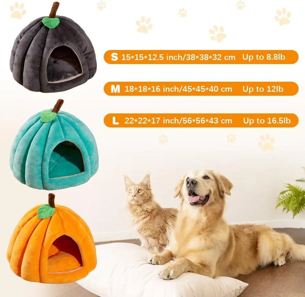 Pumpkin-shaped plush cat cave bed with a round entry hole on a wooden floor.
