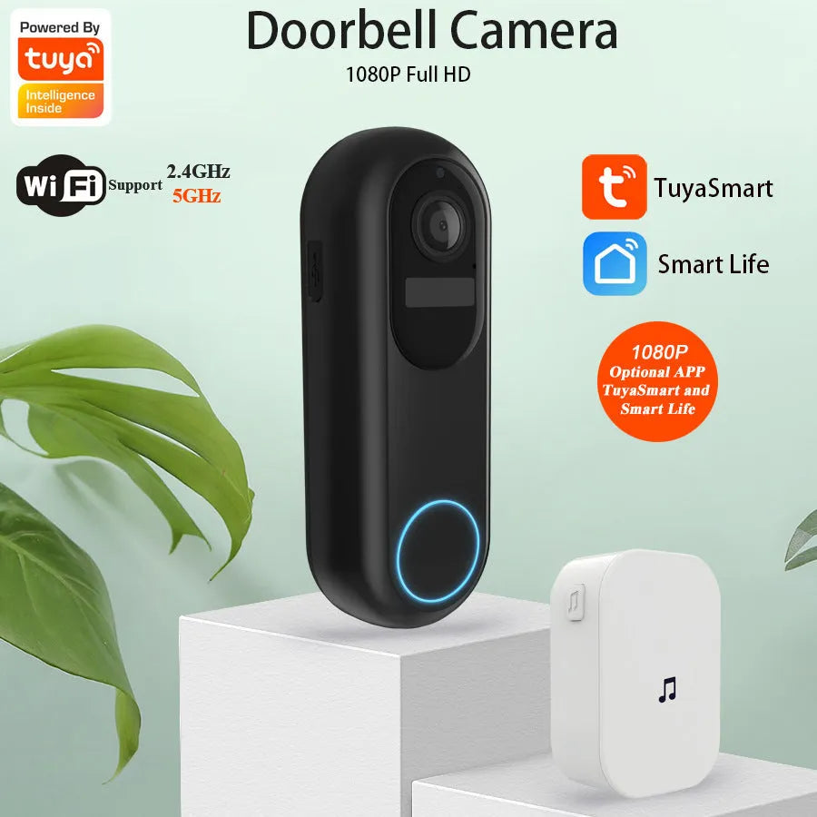Smart visual doorbell intercom with 1080P HD camera, 5000mAh detachable battery, in black finish