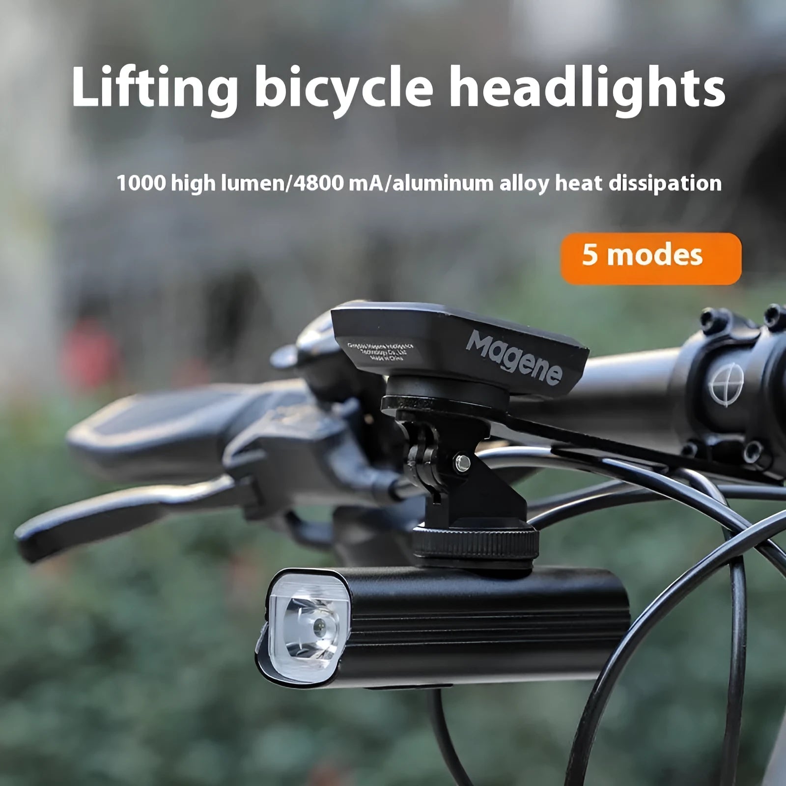 USB rechargeable bicycle headlight and taillight set with plastic mounting bracket on a bike.
