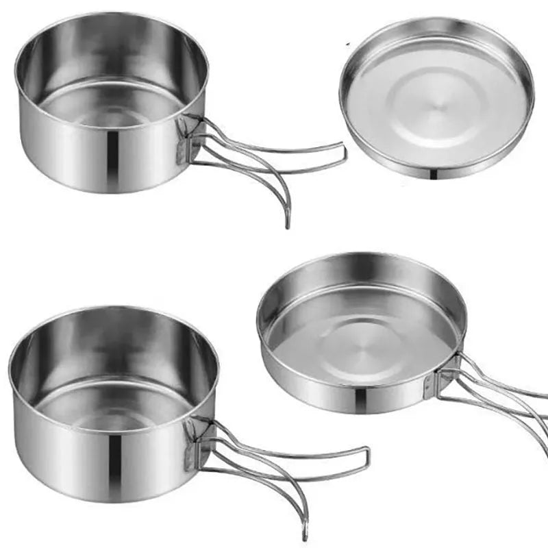Silver stainless steel outdoor camping pot set with four pieces for 2-3 people
