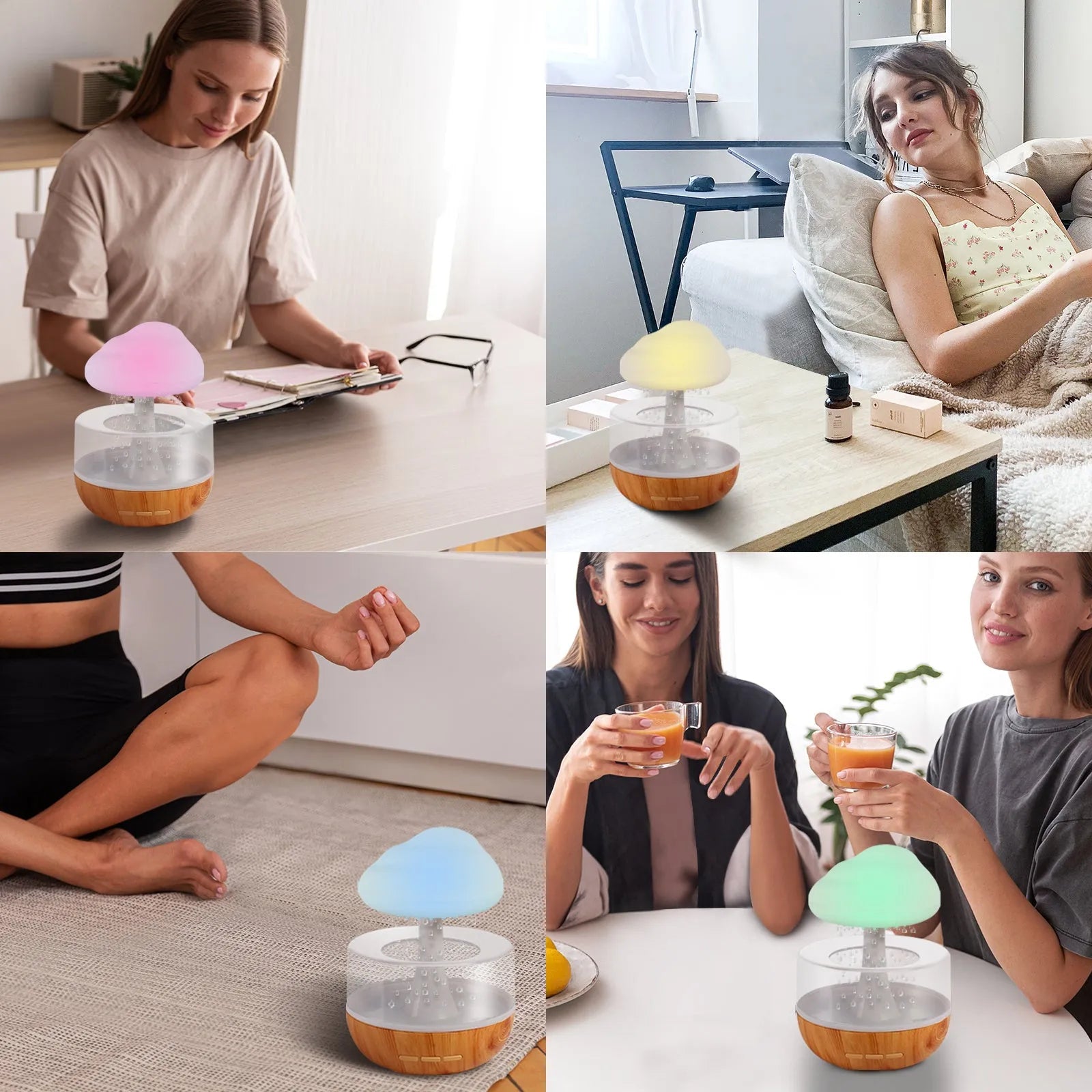 White cloud-shaped humidifier with LED night light and water droplet effect on a table.