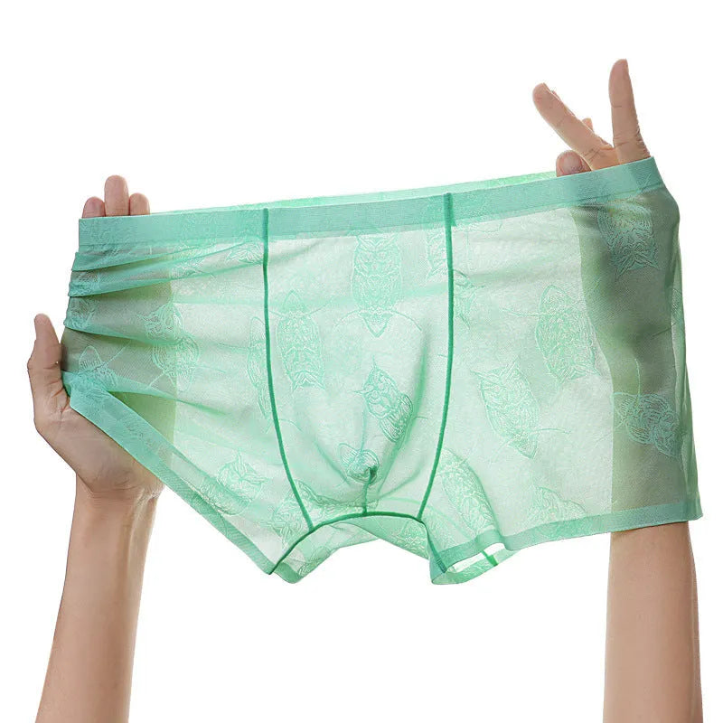 Men's ice silk seamless boxer briefs in mint green, black, light pink, light coffee, cyan, and sky blue