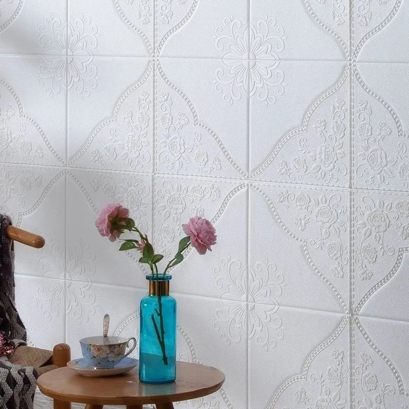 Light blue 3D plants and flowers pattern on a square 70cm x 70cm self-adhesive XPE foam wall sticker.
