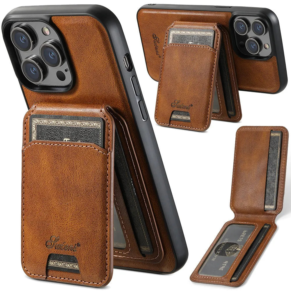 Black silicone Magsafe iPhone case with built-in rear card holder and oil wax pattern finish.