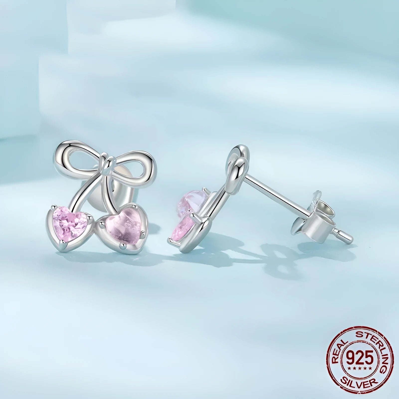 Sweet cherry stud earrings in S925 sterling silver with romantic heart detail, fairy style for women