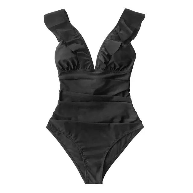 Women's black bikini bodysuit with steel support and brief-style bottom on model