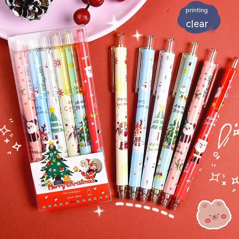 Six colourful cartoon press gel pens with black ink in plastic shells as Christmas gift set