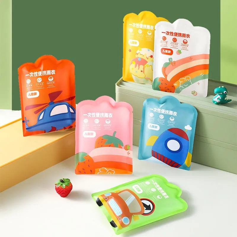 Disposable children's raincoat poncho in six colours packed at 13x9 cm