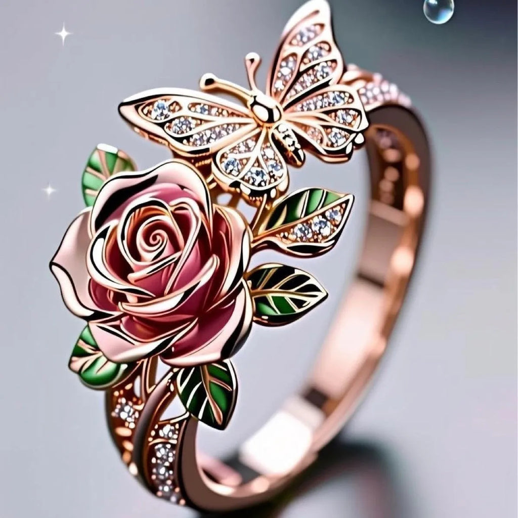 Adjustable colourful butterfly ring with oil droplet treatment and floral detailing