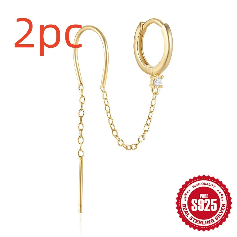 S925 sterling silver ear clip stud earrings with flower, tassel, and chain design in golden colour