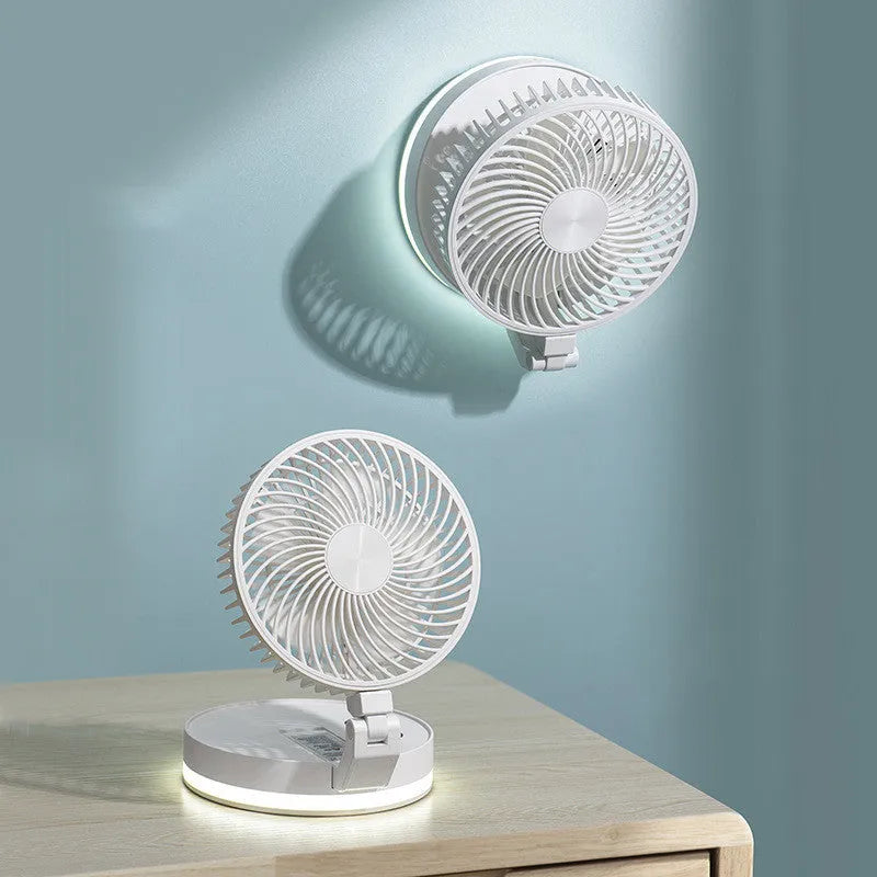White household folding USB rechargeable fan with 7 blades, remote control, and APP control option