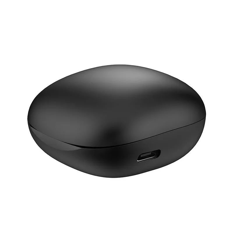 White wireless Bluetooth translation headphones with in-ear design and silicone ear tips on black surface
