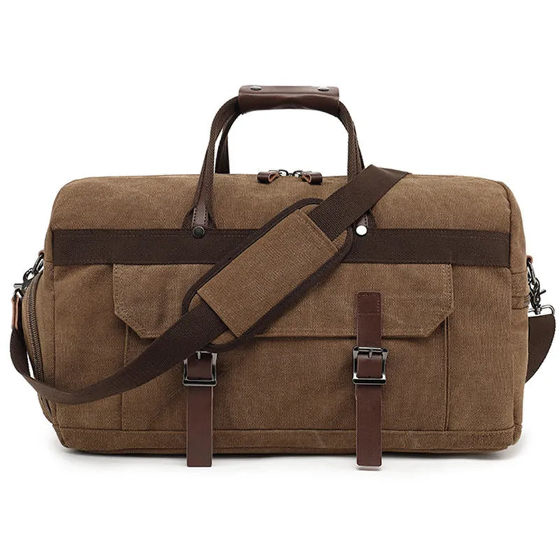 Large capacity canvas crossbody travel bag in retro style with sewing line detailing