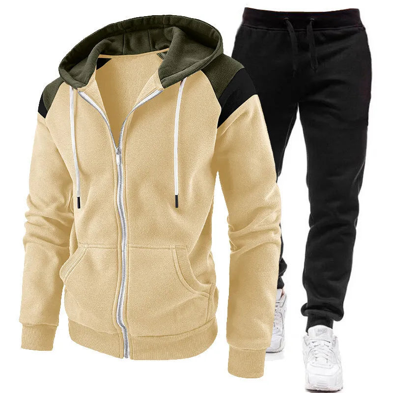 Men's polyester zip-up hoodie sweatshirt set in gray with matching trousers, front view