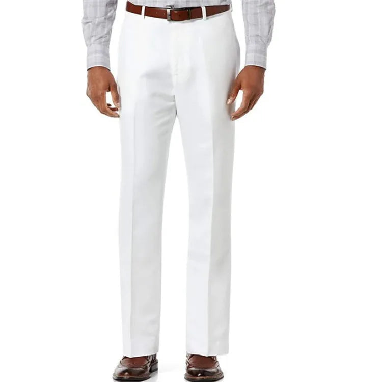 Men's beige white linen-cotton trousers with slant pockets laid flat.