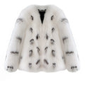 Women's short black and white faux fur coat with raccoon pattern, slim fit, plus size.